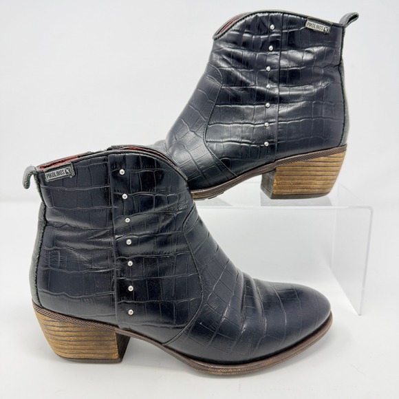 Pikolinos Black Leather Boots Womens Size 8.5 39 Crocodile Embossed Studded - Picture 2 of 7